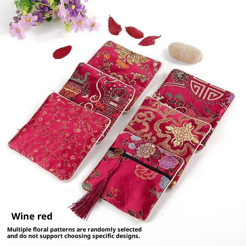 Traditional Chinese Brocade Square Pouch Embroidery Pattern Tassel Zipper Waterproof for Jewelry Cosmetic Home Travel Use