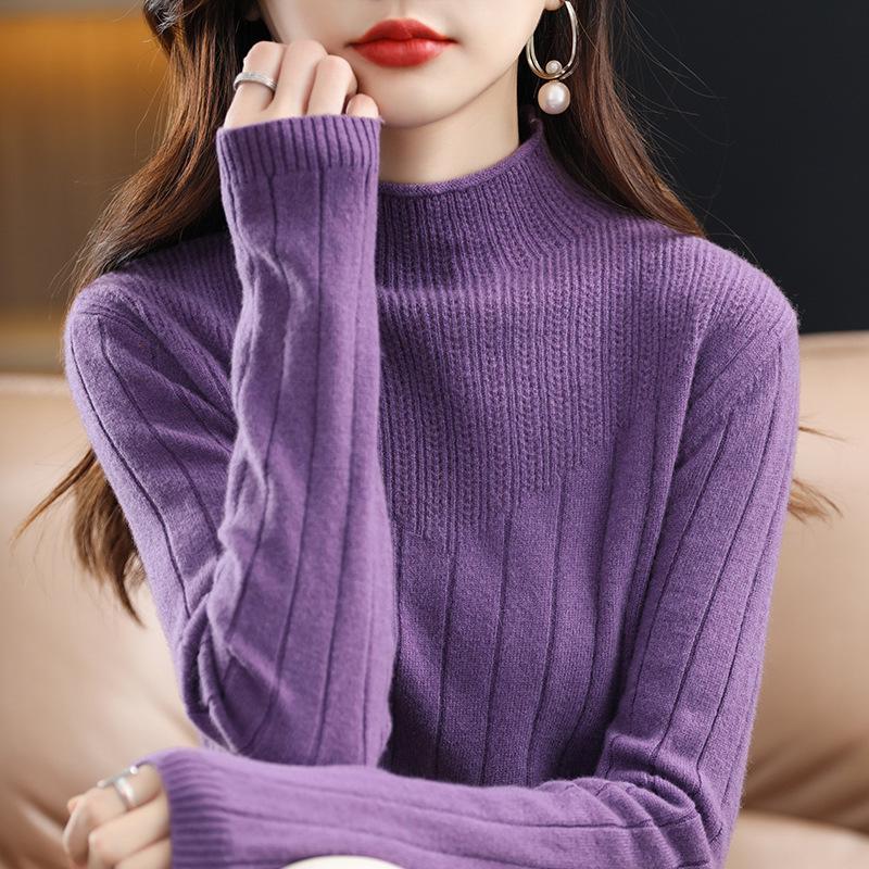 Women's Thickened Half-High Collar Pure Wool Sweater - Loose Knit Base Layer for Autumn/Winter