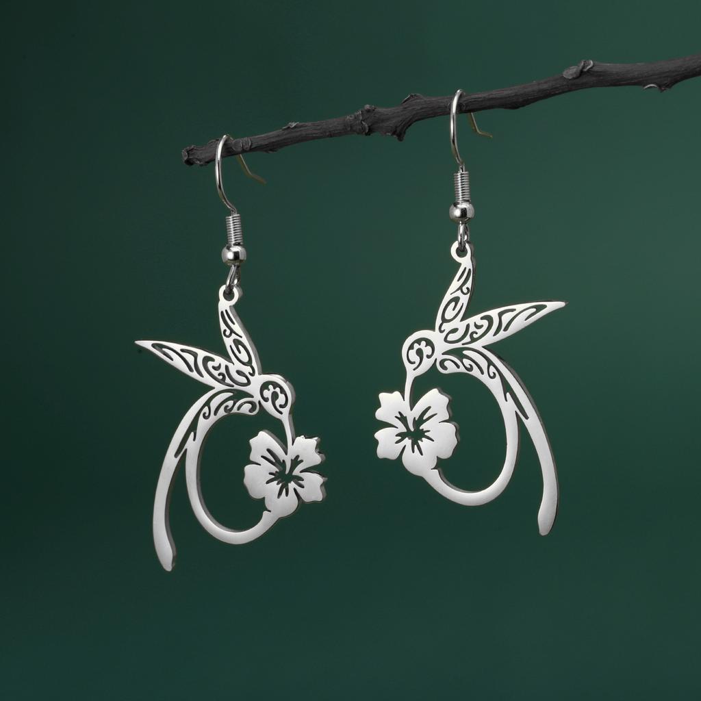 Hummingbird Flower Drop Earrings Animal Theme Jewelry Valentine's Day Gift for Women