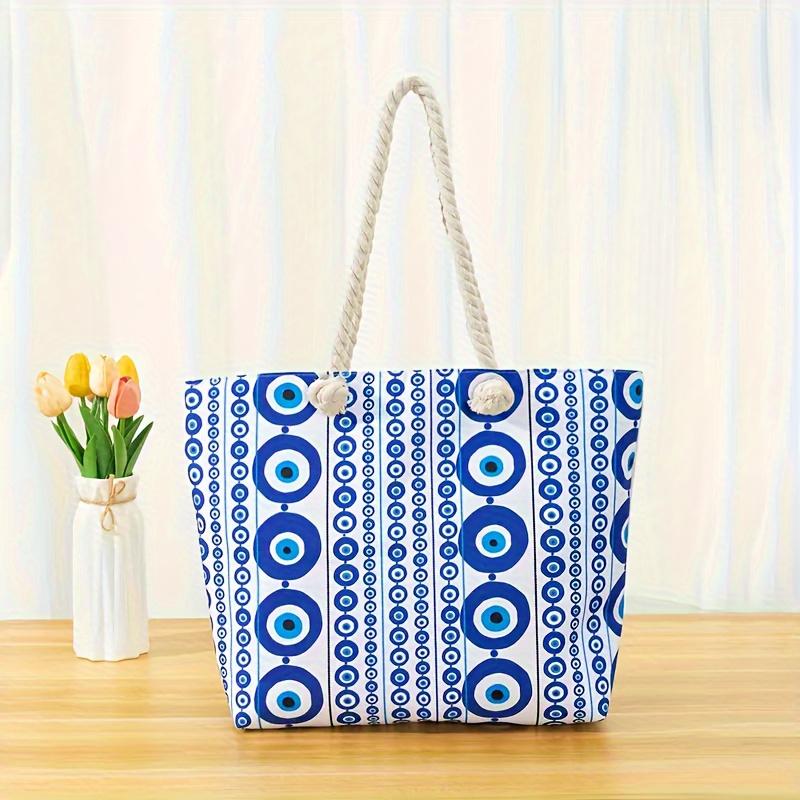 Women's Large Capacity Travel Tote Bag with Blue Evil Eye Print Beach Shoulder Bag, Zipper Closure for Casual Outings, Shopping, Beach Trips Bag