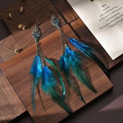 New Long Chain Feather Earrings with Ethnic Style Feather Earrings and Earrings