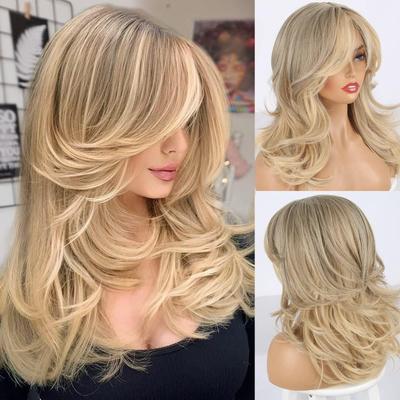 Long Layered Wig with Bangs for Women 18 Inch Long Wavy Synthetic Wigs Heat Resistant Hair for Daily Party Cosplay Use