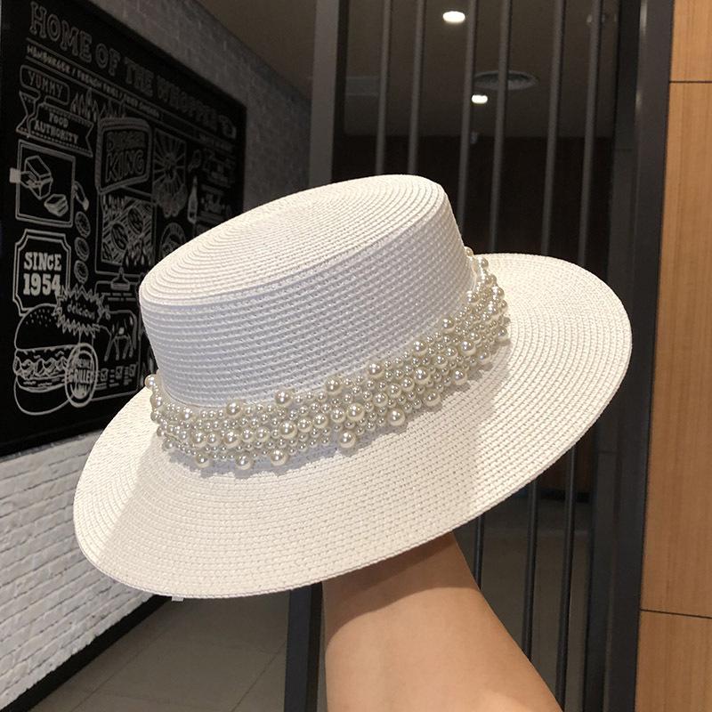 Fashion Summer Women Wide Brim Straw Hat Chapeau Female Sun Hats Boater Pearl Accessories Panama Beach Hat Sombrero Mujer Fedora