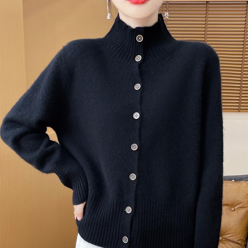 Seven-Needle Stand-Up Collar Cashmere Cardigan: Warm, Simple Solid Color, Versatile Age-Reducing Knitted Sweater.