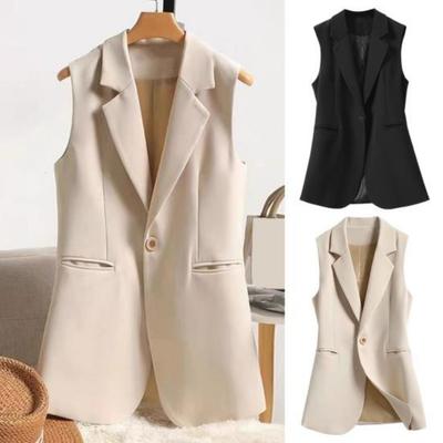Women Summer Suit Vest Lapel Sleeveless Pockets Design Single Button Waistcoat Slim Fit Solid Color Work Office Style Vest Coat