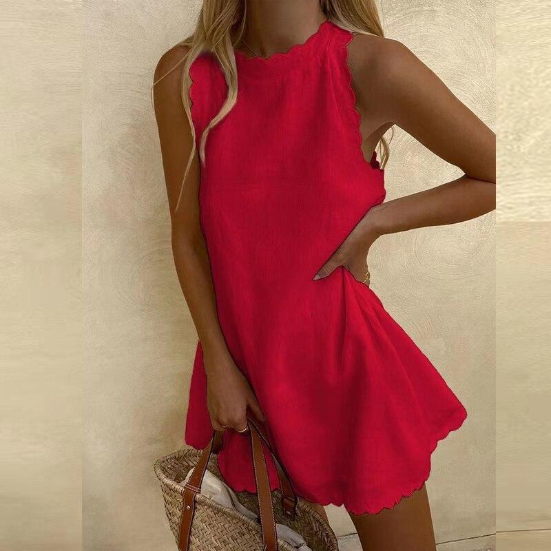 Fashion Sleeveless Solid Mini Sexy Dress Women Summer O-neck Ruffle Cotton Linen Dress Casual Beach White Dress Robe