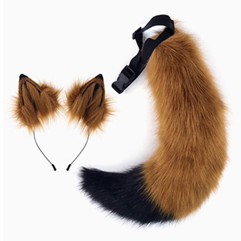 Wolf Ears Headband with Tail Foxes Wolf Ears and Tail Set Halloween Cosplay Party Foxes Costume Accessories Kid Adult