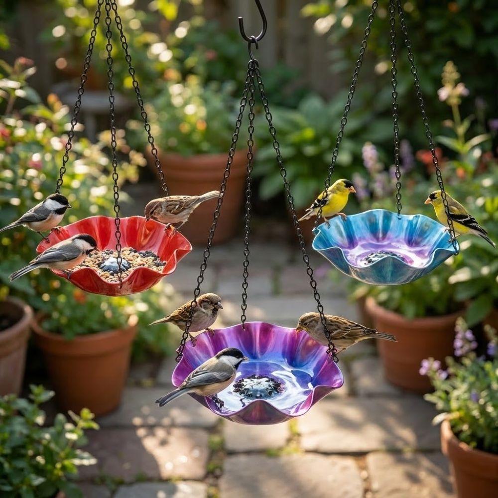 Eisenkunst Vogeltränke Blumenförmige Offene Schale Kolibrifutterer Retro-Stil Rostbeständig Hängendes Vogelbad Terrasse