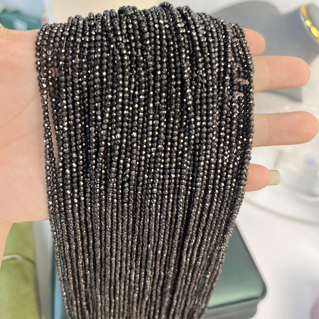 5String, Faceted Small Beads 2mm, 3mm, Handmade Black Iridescent Plated Glass Beads, for DIY Necklace, Bracelet, Accessories, Jewelry Making 38cm