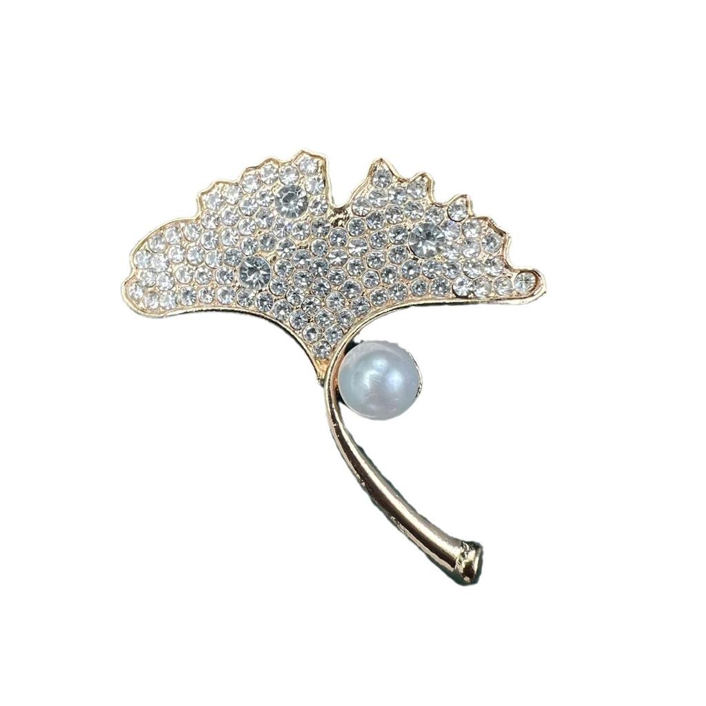 Ginkgo Leaf Pearl Rhinestone Brooch Scarf Pin