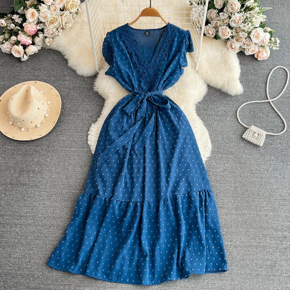Letnia Polka Dot elegancka sukienka jednoczęściowa damska Vintage dekolt w serek sukienki z latającymi rękawami damska wysoka talia linia A patchworkowa sukienka plażowa 2024 nowość