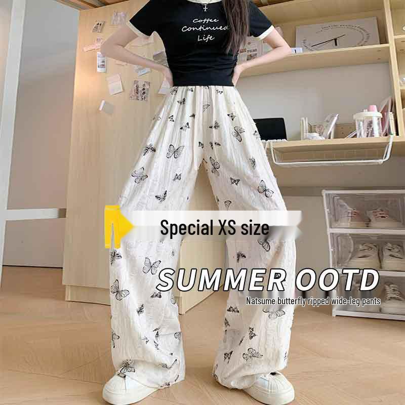 

Petite Women s White Ice Silk Wide-Leg Pants with High Waist and Butterfly Rips - Summer Casual 145cm Length M (96-105 lbs)