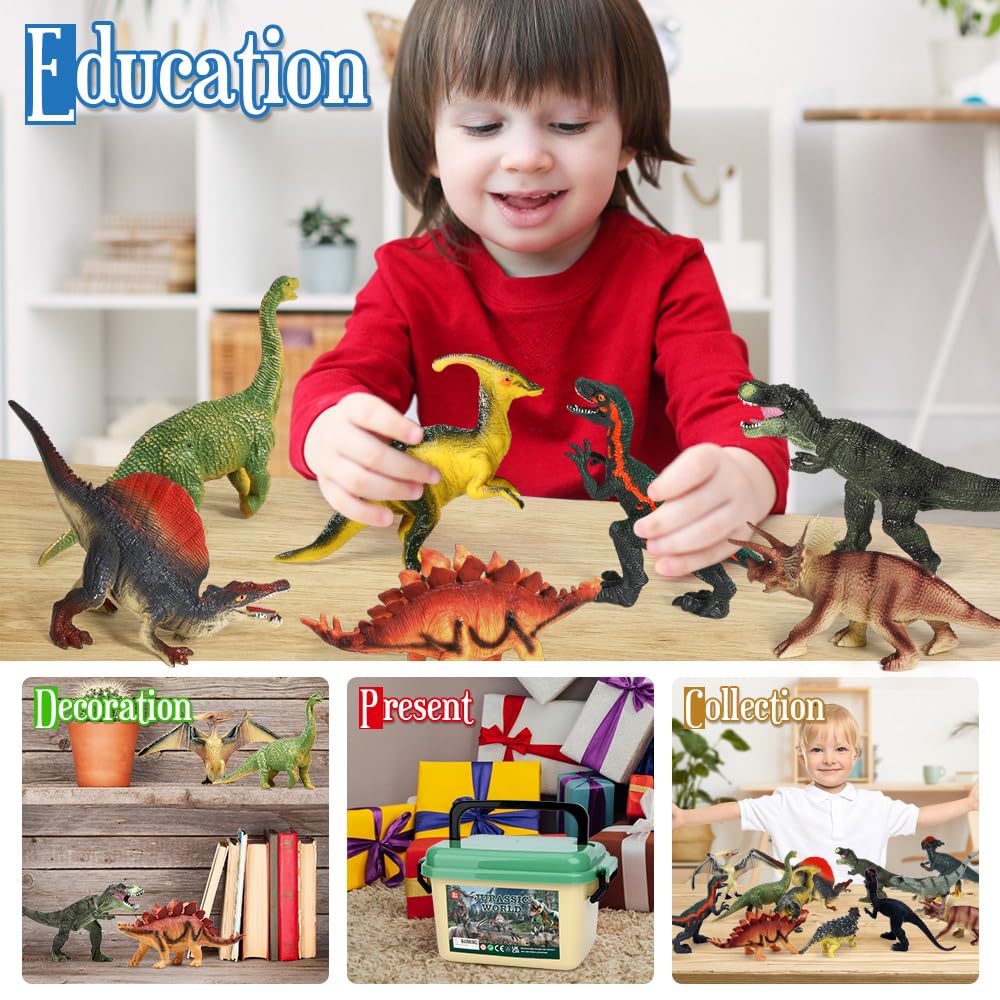 Dinosaur Toys, 12 Dinosaur Figures, T-Rex and Velociraptor, Dino Book Storage Box, Realistic Dinosaur Figures, Kids Toys, Boys and Girls, Birthday