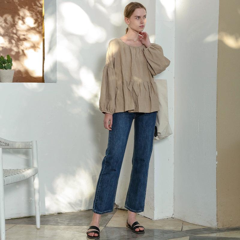 Johnature Simple Lantern Sleeve Linen Women Tops Shirts Summer Casusal Solid Color Loose Blouses