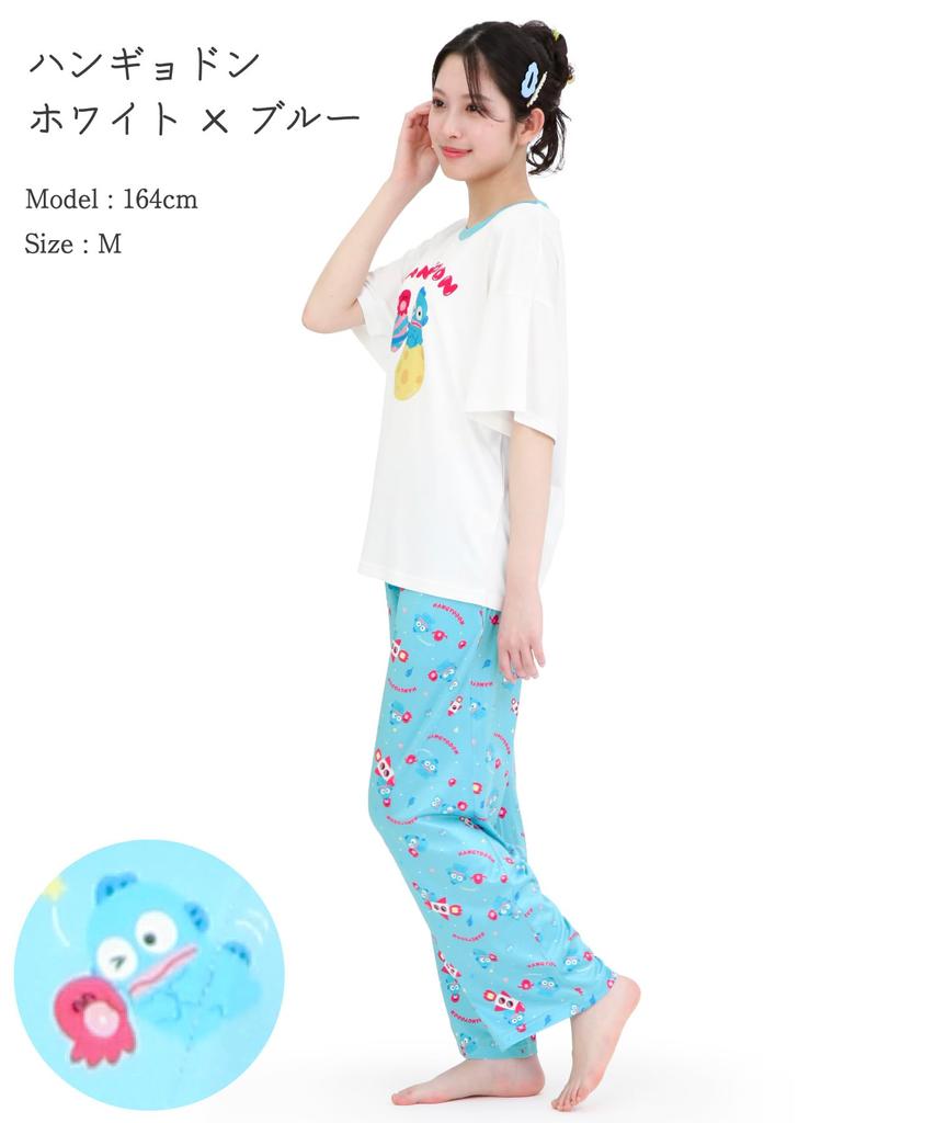 SAZAC Cosmic Hangyodon Pyjama Powder Stretch Kurzarm und Lange Hose Loungewear x Set, Stoff, Damen Set, (Weiß Blau/M/SAN1954)