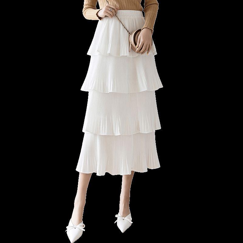 Solid Color High Waist Pleated Cake Skirt Pure Color High Waist Pleated Tiered Skirt