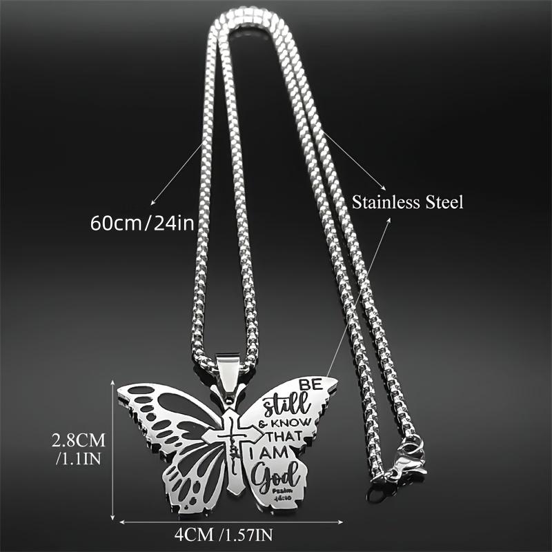 Butterfly Cross Scripture Pendant Necklace, Fashionable Stainless Steel Silvery Necklace, Jewelry Gift