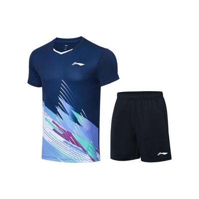 Schnelltrocknendes Cooles V-Ausschnitt Kurzarm T-Shirt und Mittelhohe Gerade Shorts Basketball Set Unisex Sportbekleidung Tiefmarineblau AATT021-1