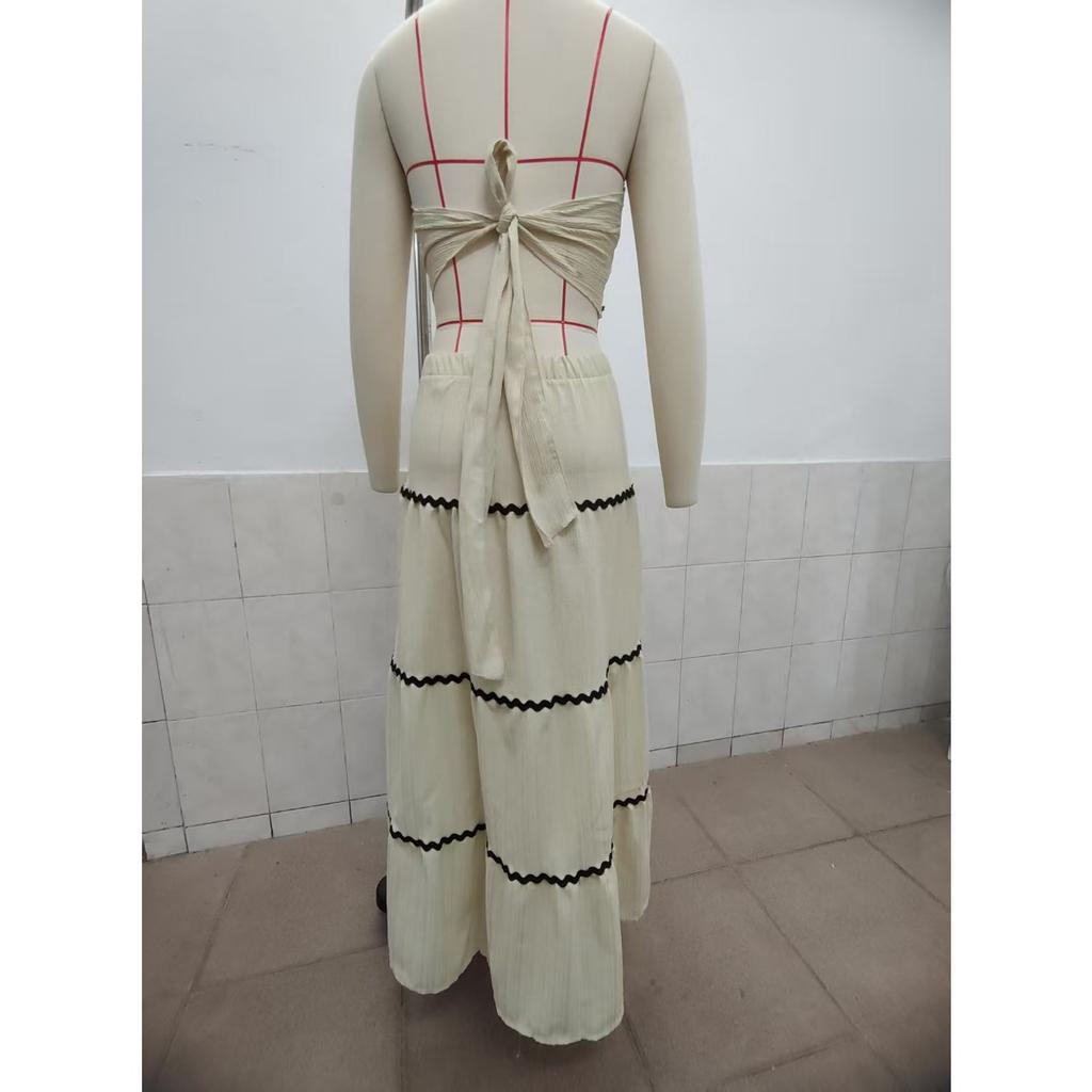Summer Vacation 2-Piece Set, Elegant Strapless Lace Patchwork Maxi Dress for Women, European & American Style Casual Vacation Outfit
