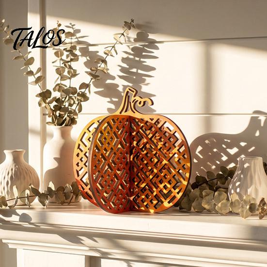 Thanksgiving Seasonal Tabletop Decor Wooden Pumpkin Decor, Vintage Striped Hollow Carved Ornament Halloween Tiered Tray Ornaments for Home Party,