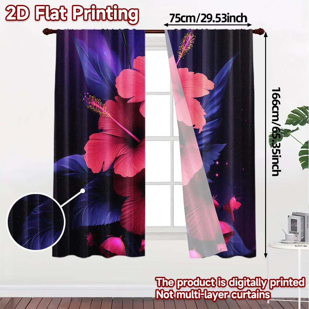 2D FLAT PRINTING 2pcs Curtains (Without Rod) Floral Hibiscus in Neon Glow Ramadan Festival Fashion Curtains Durable Polyester