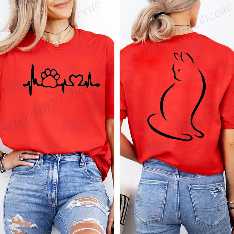 Women Y2k Grunge T-Shirts 2000s Vinage Cat Heartbeat Print T-Shirt Aesthetics Harajuku Round Neck Tops Street Fashion Streetwear