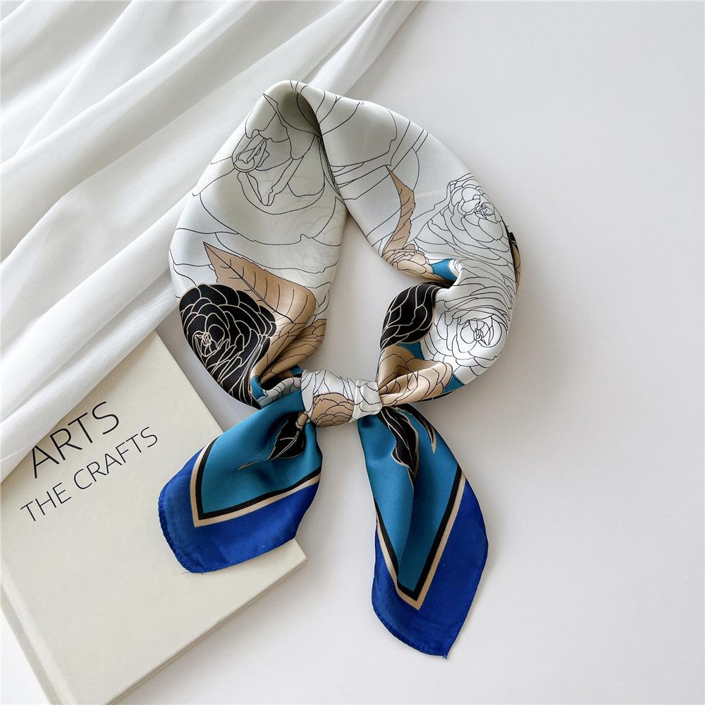 Luxury Silk Square Scarf Women Shawl Fashion French Flower Print Design Satin Hijab Wraps Neckerchief Female Hair Bands 70*70Cm