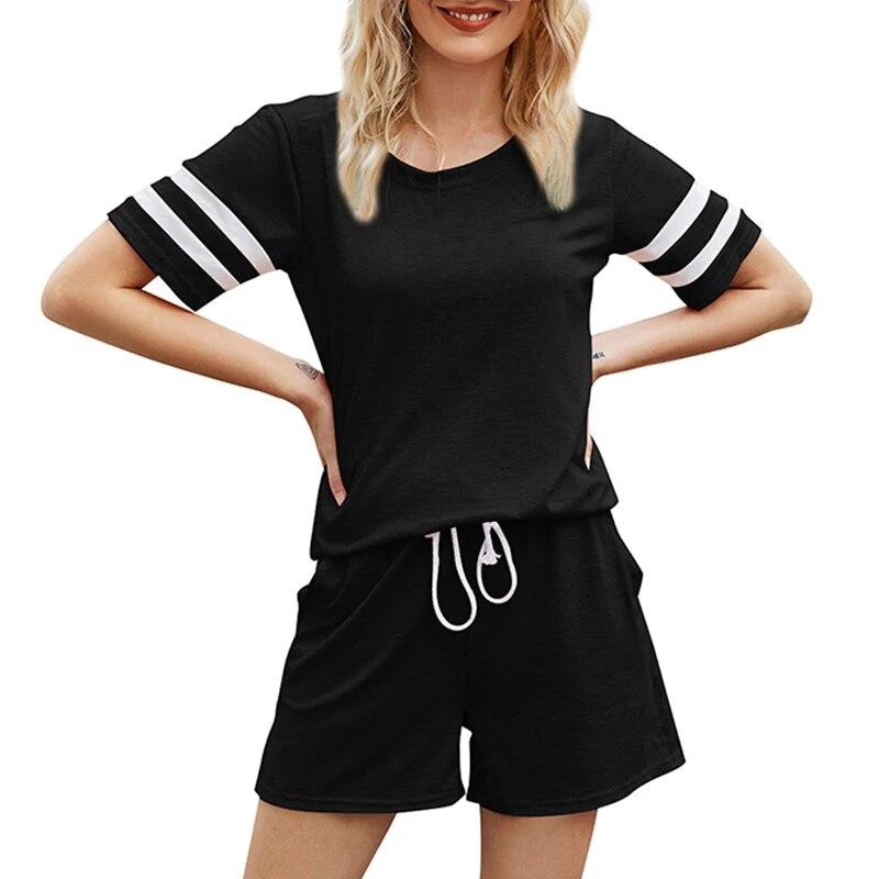 

Женский пижамный комплект с короткими рукавами, полосатые топы и шорты, одежда для сна, домашняя одежда из двух предметов с карманами, повседневные пижамные комплекты