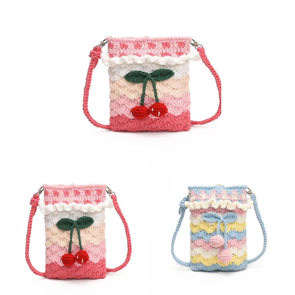 Knit Cherry Phone Bag With Water Bucket Style For Daily Casual Use
