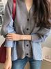 Korean Style Women's V-Neck Striped Patchwork Knit Cardigan - Loose Long Sleeve Sweater for Autumn and Winter.