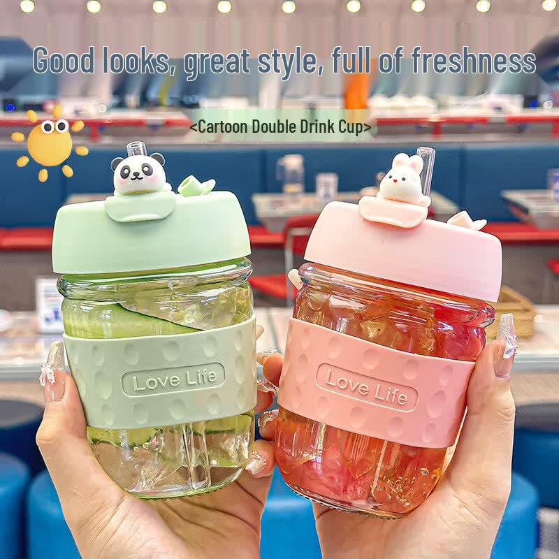 Kids Cartoon Glass Straw Cup, 350ml