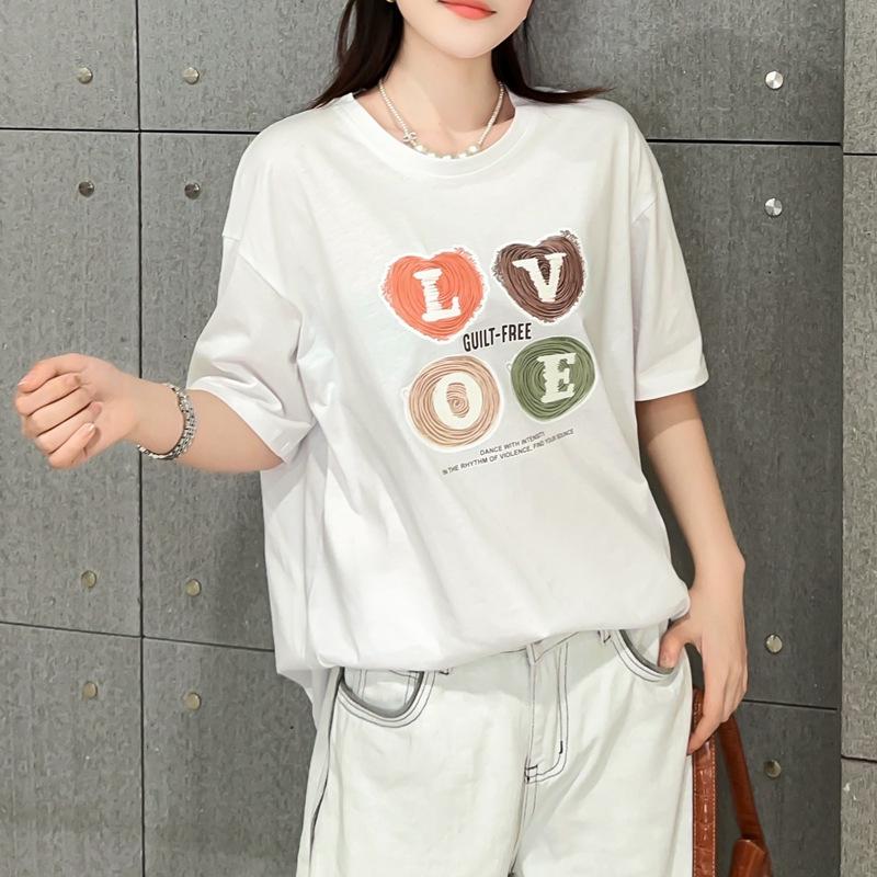 Summer 2025 Plus Size Love Letter Women's Loose T-shirt - Korean Style, Slimming, Short Sleeve