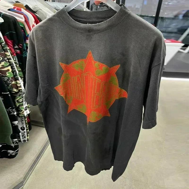 2025 Summer High Quality Cotton Classic Logo Graphics Print Saint Tshirt Unisex Unisex Vintage Washed Black T Shirt Loose Tee
