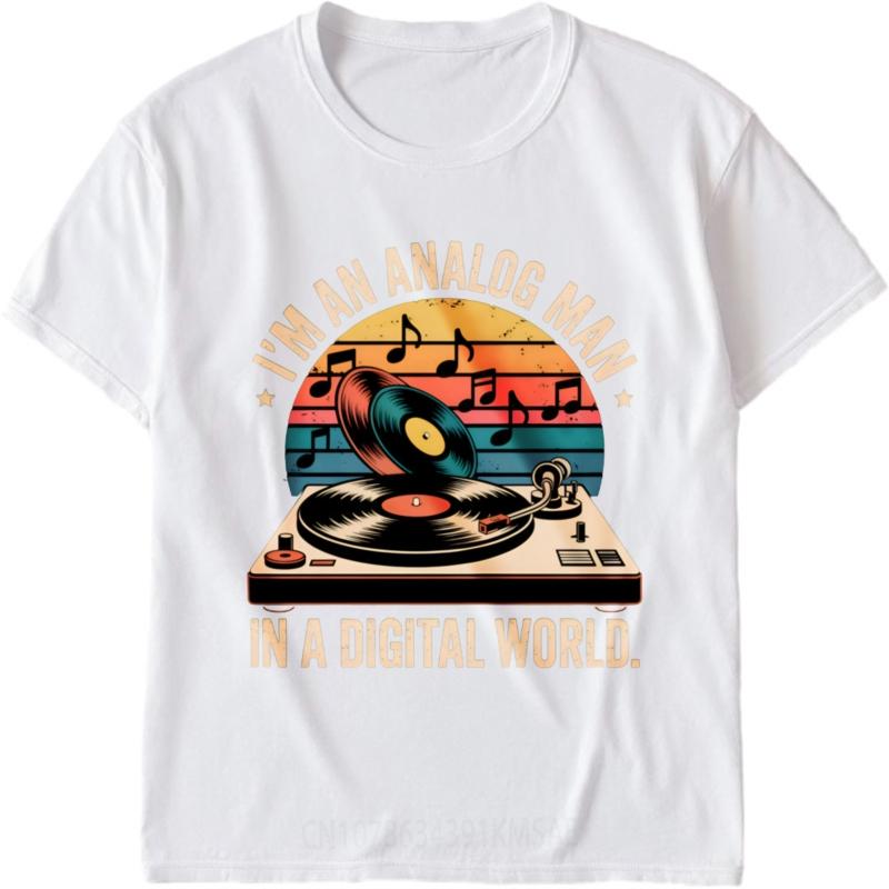 Adult Men O Neck tshirt Brand Analog Man In Digital World Vinyl Record Turntable Music Notes Sunset Background Minimalist