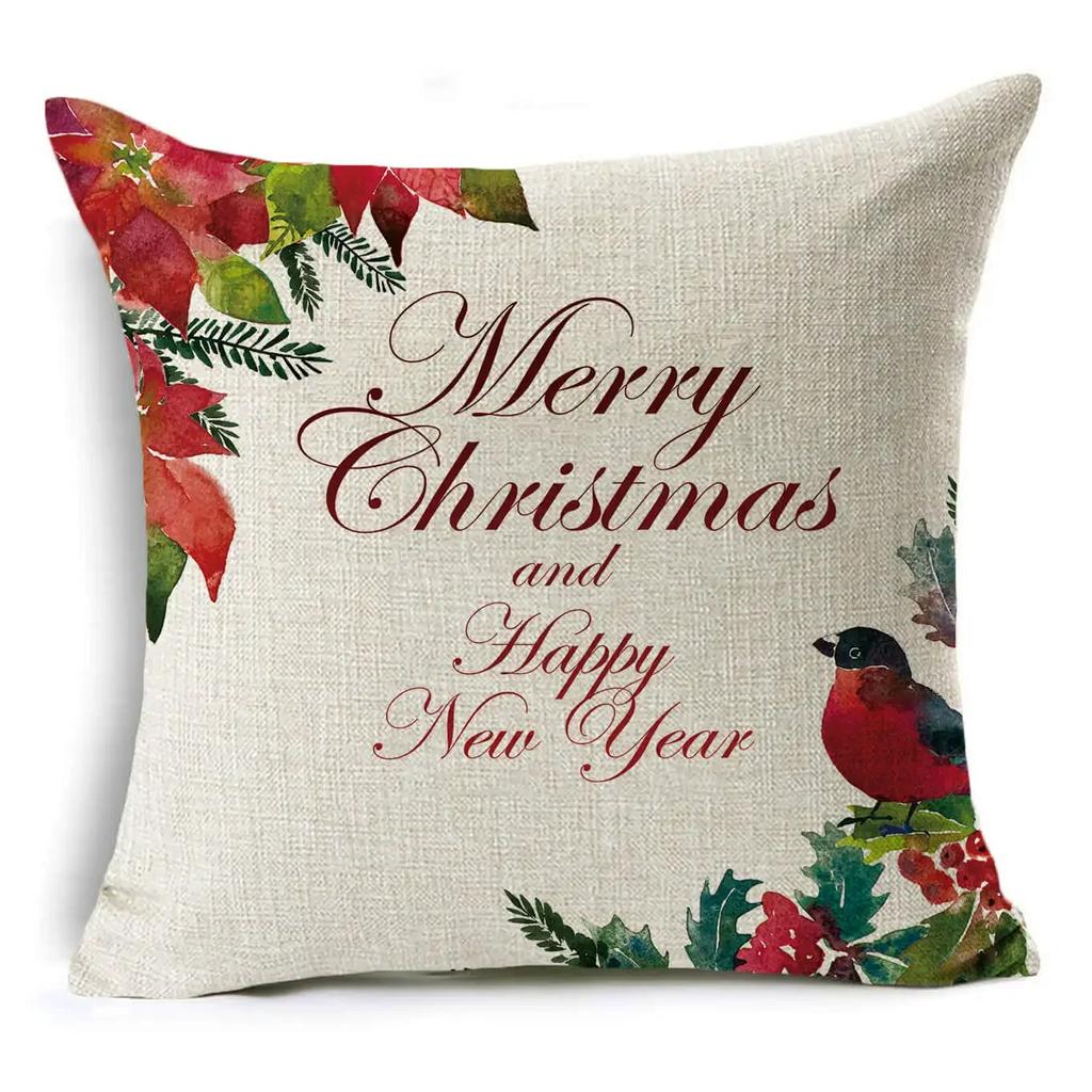 45*45Cm Merry Christmas Cushion Cover Birds Garland Pillowcase Single Sided Print Polyester Sofa Pillow Case For Home Xmas Decor