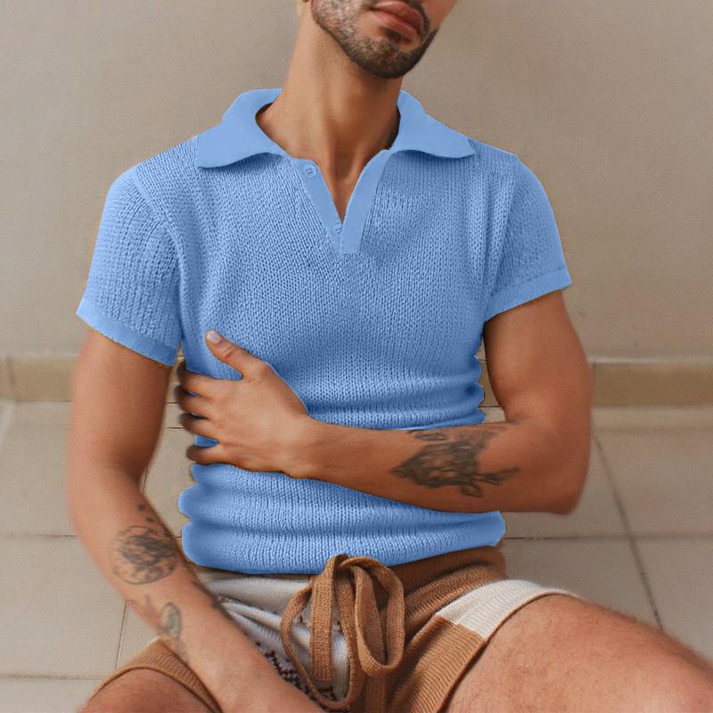 

INCERUN Summer Men Lapel Neck Solid Color Texture Casual T-shirt Tops 3XL синий