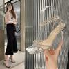 One-word buckle sandals women's 2025 summer new square head beautiful rhinestone straps sexy silver stiletto high heels women
