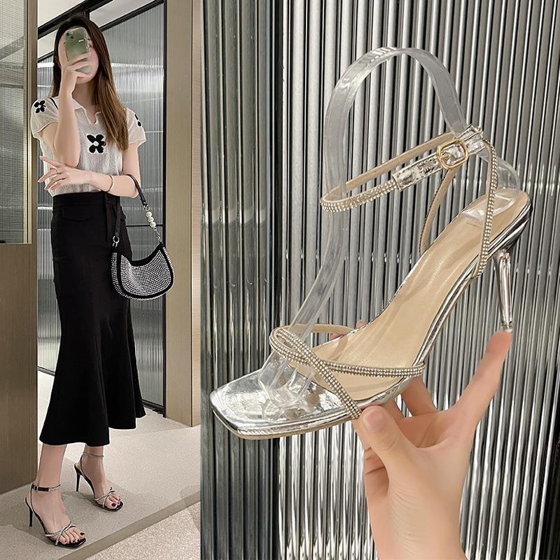 One-word buckle sandals women's 2025 summer new square head beautiful rhinestone straps sexy silver stiletto high heels women