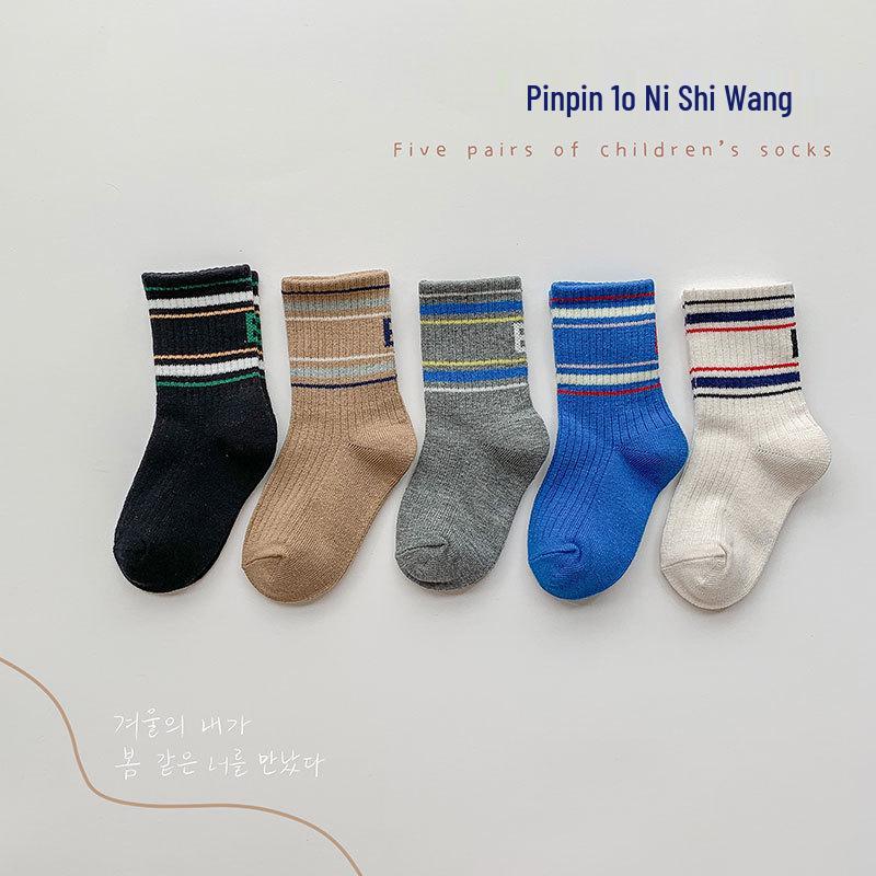 Sun Girl Kids  Mid-Calf Socks: Korean Style Striped Cartoon Design for Boys & Girls, Autumn/Winter Trend L (9-12 years, shoe size 34-37)