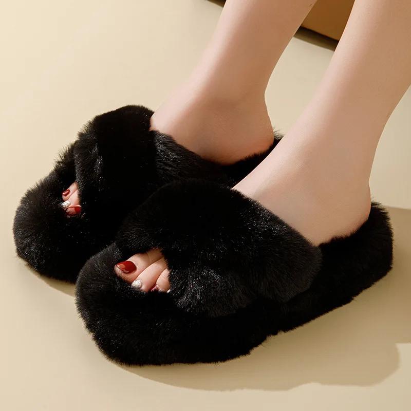 Fashion Fluffy Slippers Women Home Plush Luxury Designer Shoes Ladies Flat Home Autumn Winter Fashion Platform Footwear Casual Open Toe