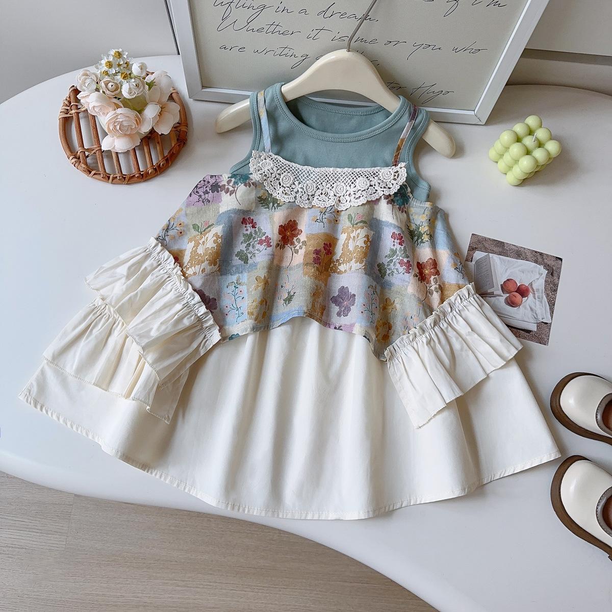 Girls Summer Floral Lace Camisole Dress And Vest Two Piece Set Princess Childrens Outfit 90cm