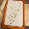 Hand-Woven White Crystal Bead Chain Necklace with Amber Pendant and Jadeite Gold Lanyard