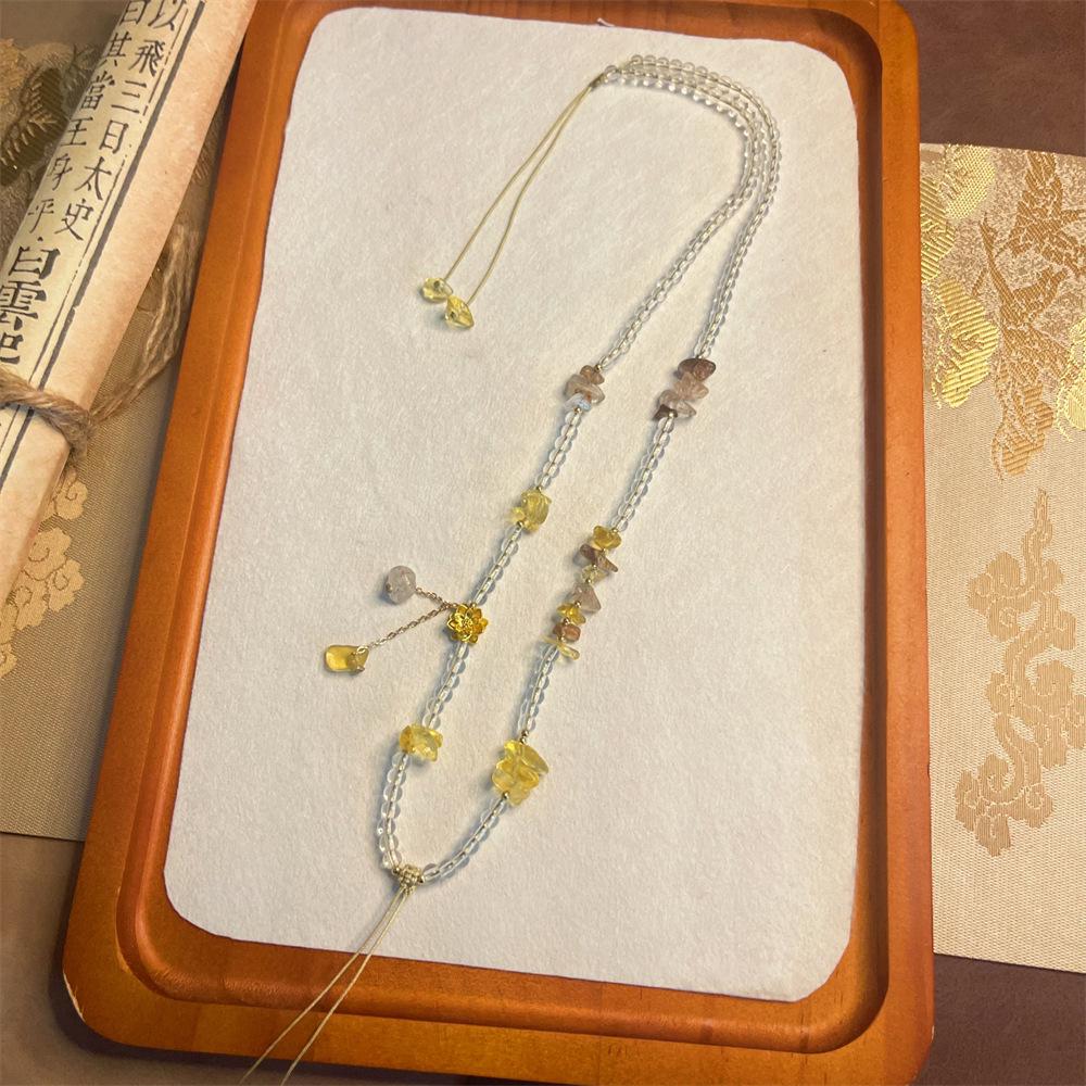 Hand-Woven White Crystal Bead Chain Necklace with Amber Pendant and Jadeite Gold Lanyard
