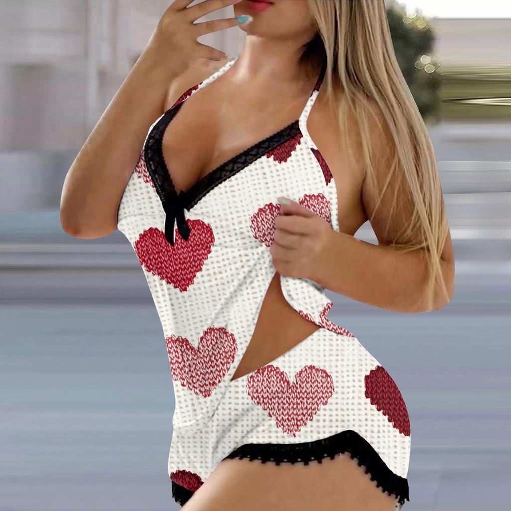 Women's Valentine's Day Printed V-Neck Lace Stitching Sleeveless Vest Shorts Pajama Set