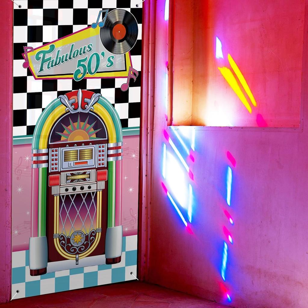 VitalCozy 71 x 35 Inch 1950s Party Decorations Retro 50s Fabric Door Cover 50's Rock and Roll Party Door Cover 50's Rocking Music Theme Backdrops