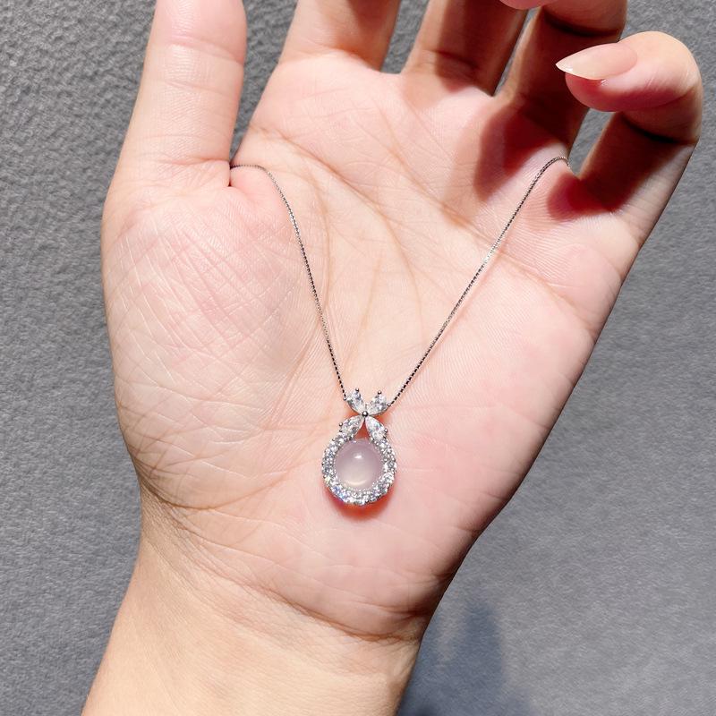 Exquisite S925 Sterling Silver Bowknot & Diamond Necklace with White Chalcedony