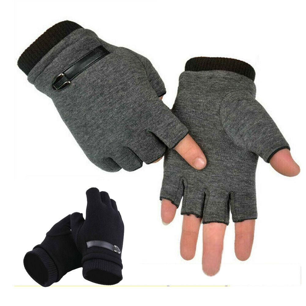 

Adults Thick Knitted Thermal Half Finger Winter Gloves Mens Mittens