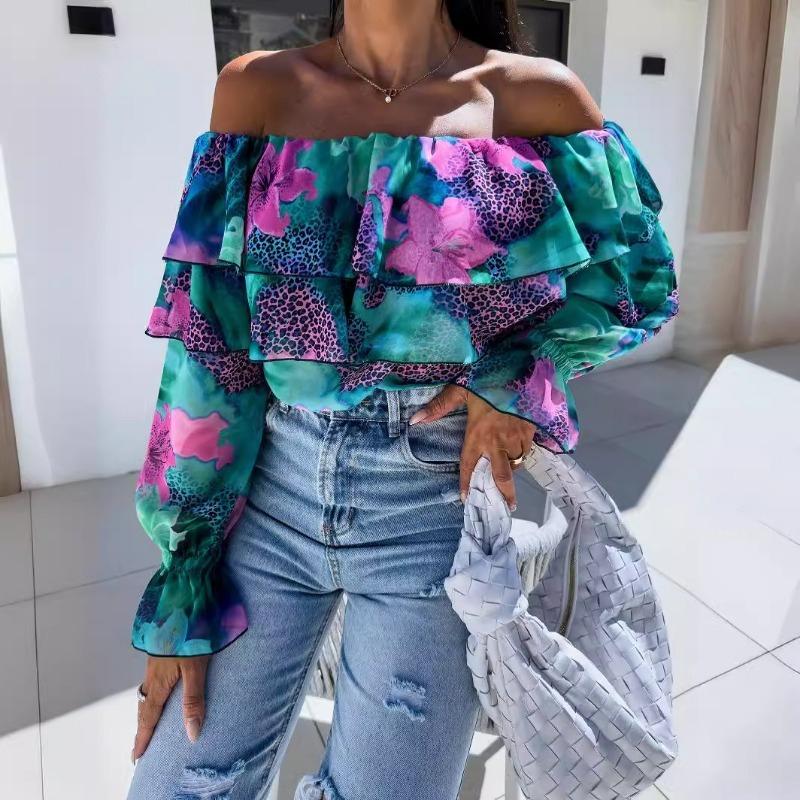 New Spring Off-the-shoulder Floral Printed Layer Ruffled Women Blouse Sexy Long Sleeve One-word Collar Shirt Sweet Loose Casual Tops Clothing