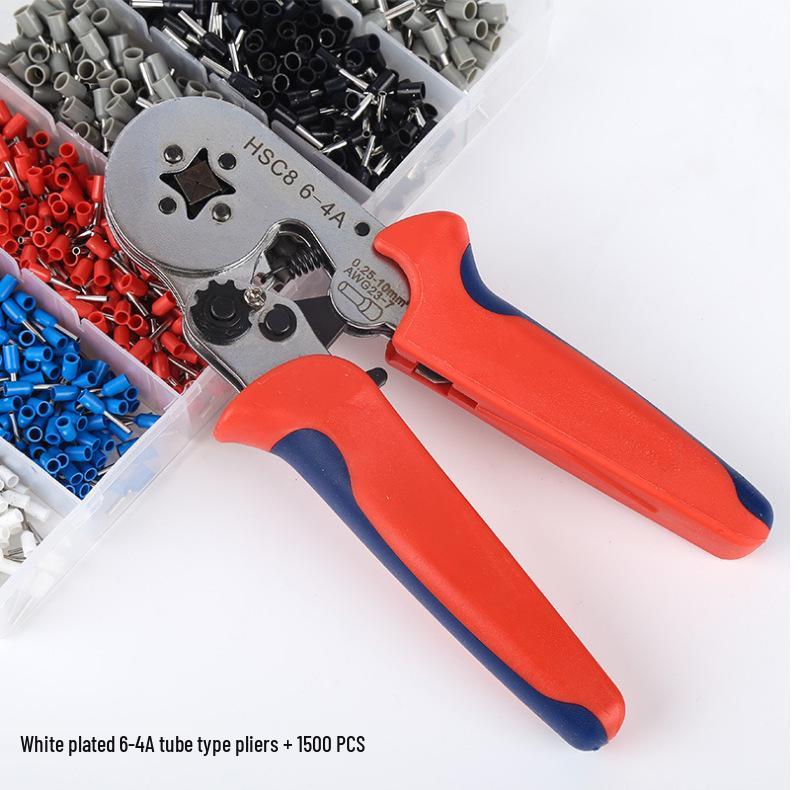 Tube-Shaped Cold-Press Terminal Crimping Pliers - 46-Sided Manual Wire Crimper for Electricians 1500 pcs Terminal Set