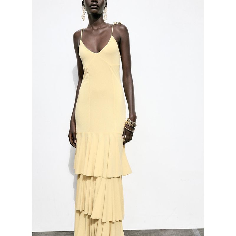 Summer New Product Women's Clothes Bows Shoelace Fashion Laminated Decoration V Neck Midi Skirt Dress 5039212